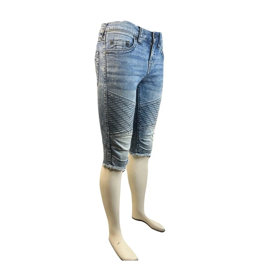 True Religion Geno Moto Shorts Men's 27 Blue Denim Chevron Stitch Raw Hem Biker